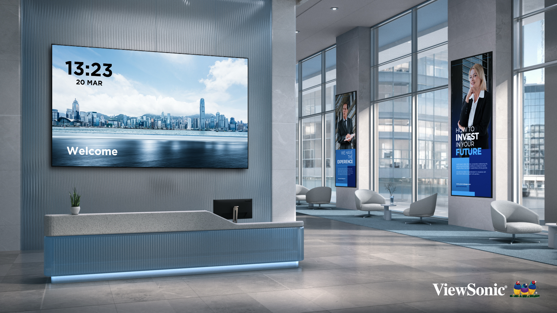 Recepție modernă cu ecrane digitale și design elegant.
