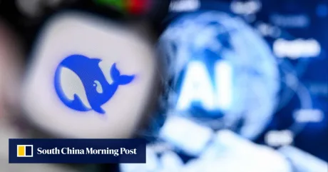 Logo DeepSeek pe fundal digital, simbolizând inovația în inteligența artificială.
