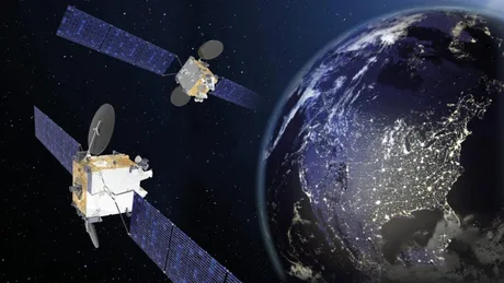 Sateliti în orbită, simbolizând tehnologia avansată în apărare.