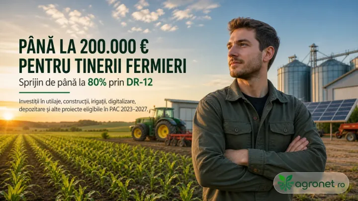 Tânăr fermier contemplând câmpurile, cu utilaje agricole în fundal.