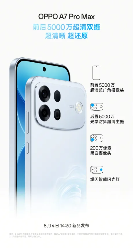 Smartphone OPPO A7 Pro Max cu cameră duală de 50 MP și blitz inteligent.