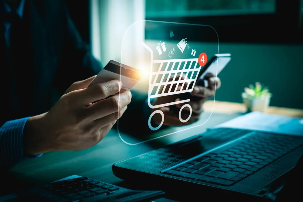 Utilizator interacționând cu agenți AI pentru cumpărături online.