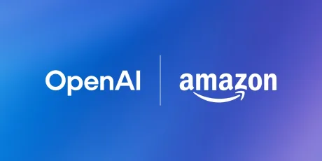 Logo-urile OpenAI și Amazon pe un fundal albastru.