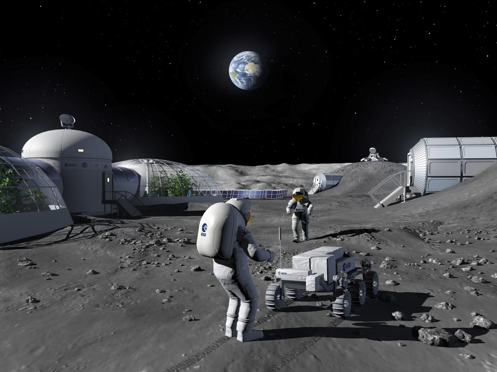 Astronauți pe Lună, explorând un peisaj selenar cu echipamente avansate.