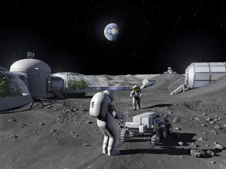 Astronauți pe Lună, explorând un peisaj selenar cu echipamente avansate.