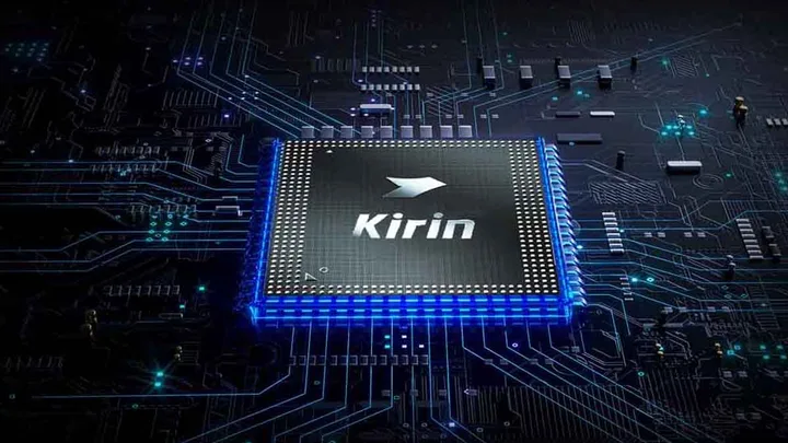 Chipset Kirin 9050 pe un fundal electronic complex, simbolizând inovația tehnologică.
