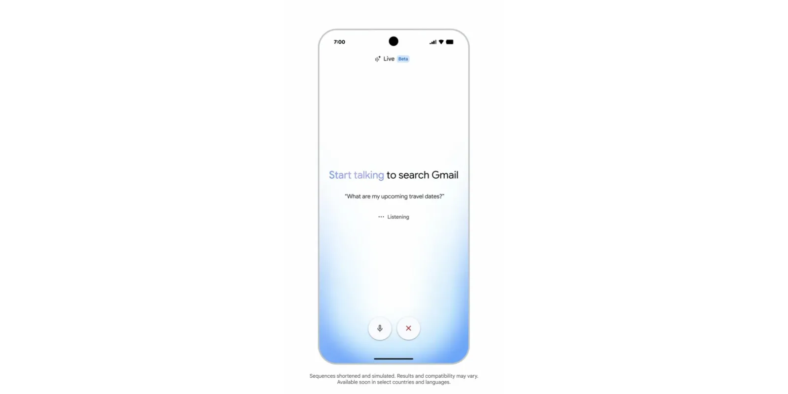 Interfața Gmail Live cu opțiunea de căutare vocală activată.