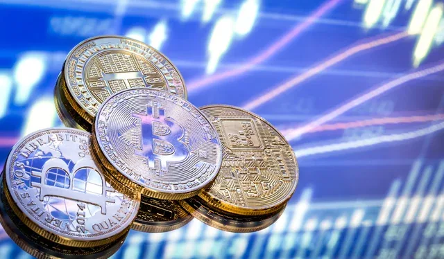 Monede digitale pe un fundal cu grafice financiare.