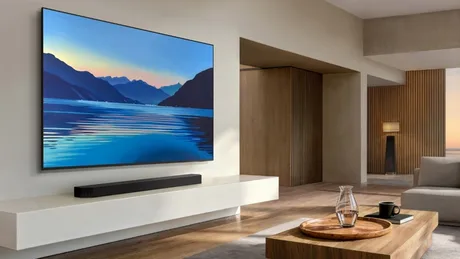 Un interior modern cu un televizor Samsung și o lucrare de artă pe perete.