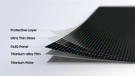 Ecran pliabil Samsung cu tehnologie Flex Titanium pentru durabilitate îmbunătățită.