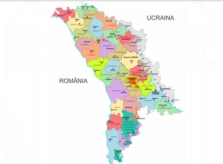 Harta Republicii Moldova evidențiază regiunile și localitățile importante.