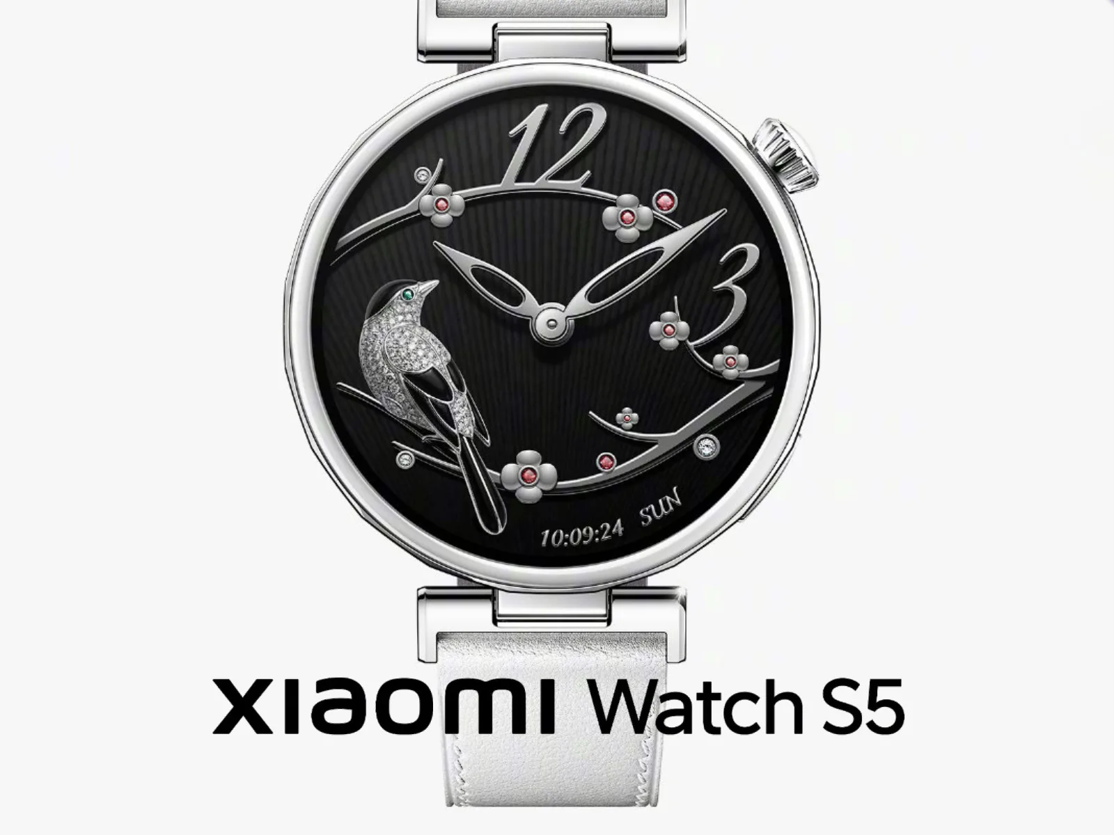Ceas elegant Xiaomi Watch S5, cu design rafinat și detalii florale.