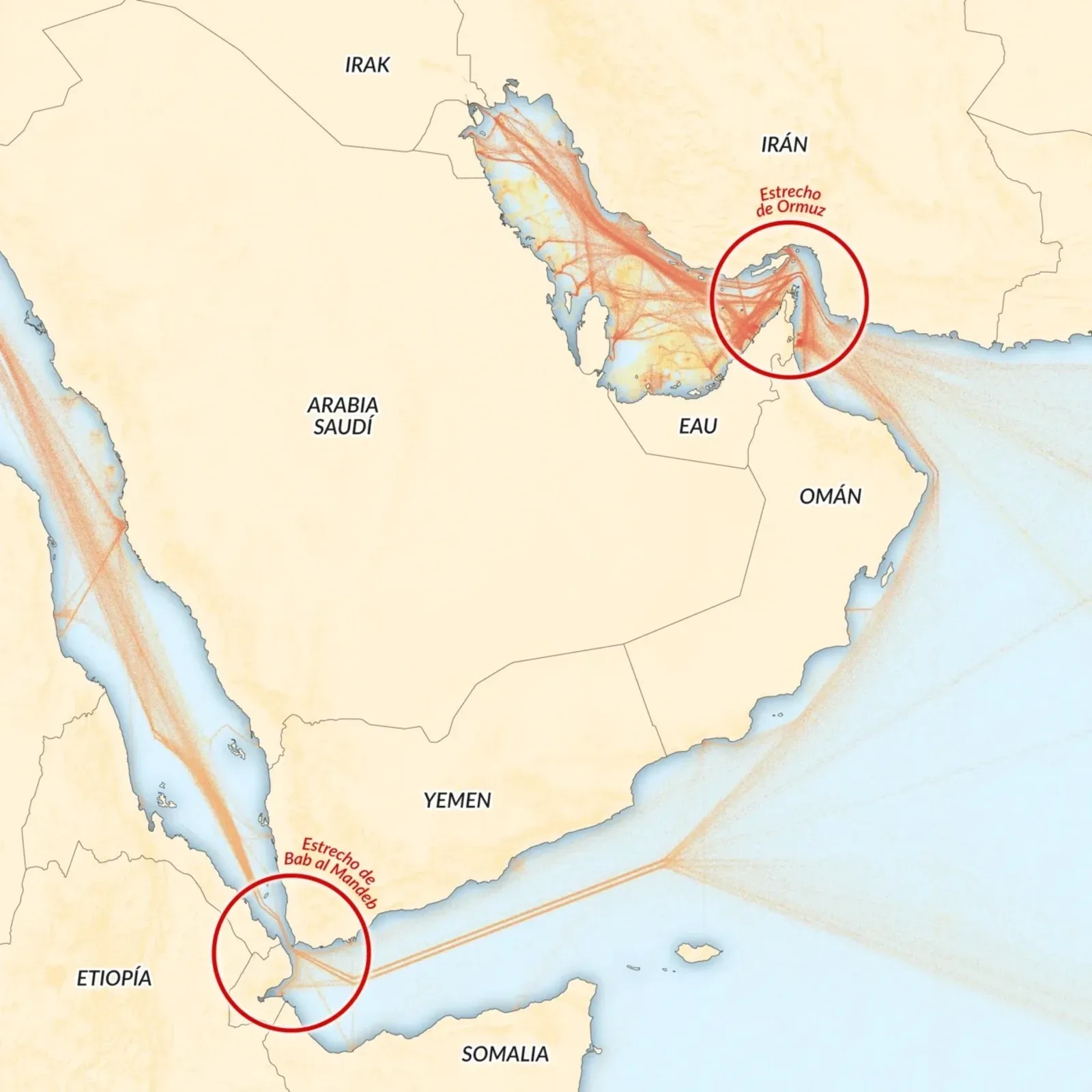 Harta Strâmtorii Hormuz, evidențiind rutele maritime și pericolele minelor marine.