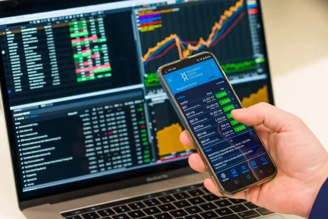Grafice financiare pe un laptop și telefon mobil.