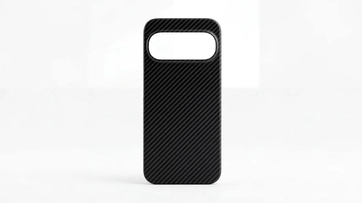Husă neagră pentru Pixel 11 Pro XL cu design modern și textură carbon.