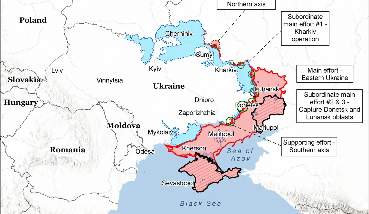 Harta care ilustrează zonele de conflict și strategia militară din Ucraina.