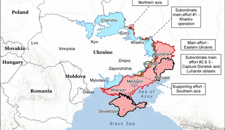 Harta care ilustrează zonele de conflict și strategia militară din Ucraina.