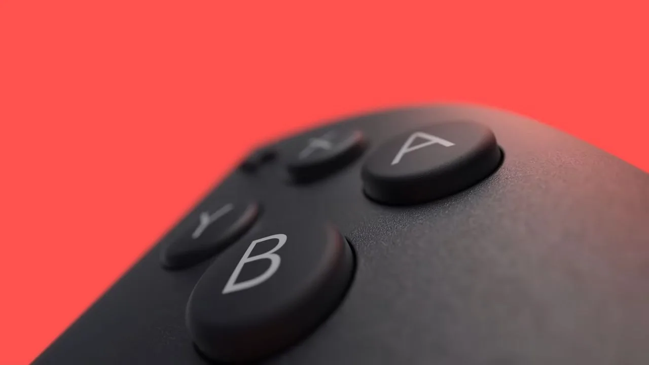 Controler Nintendo cu butoane vizibile pe fundal roșu.
