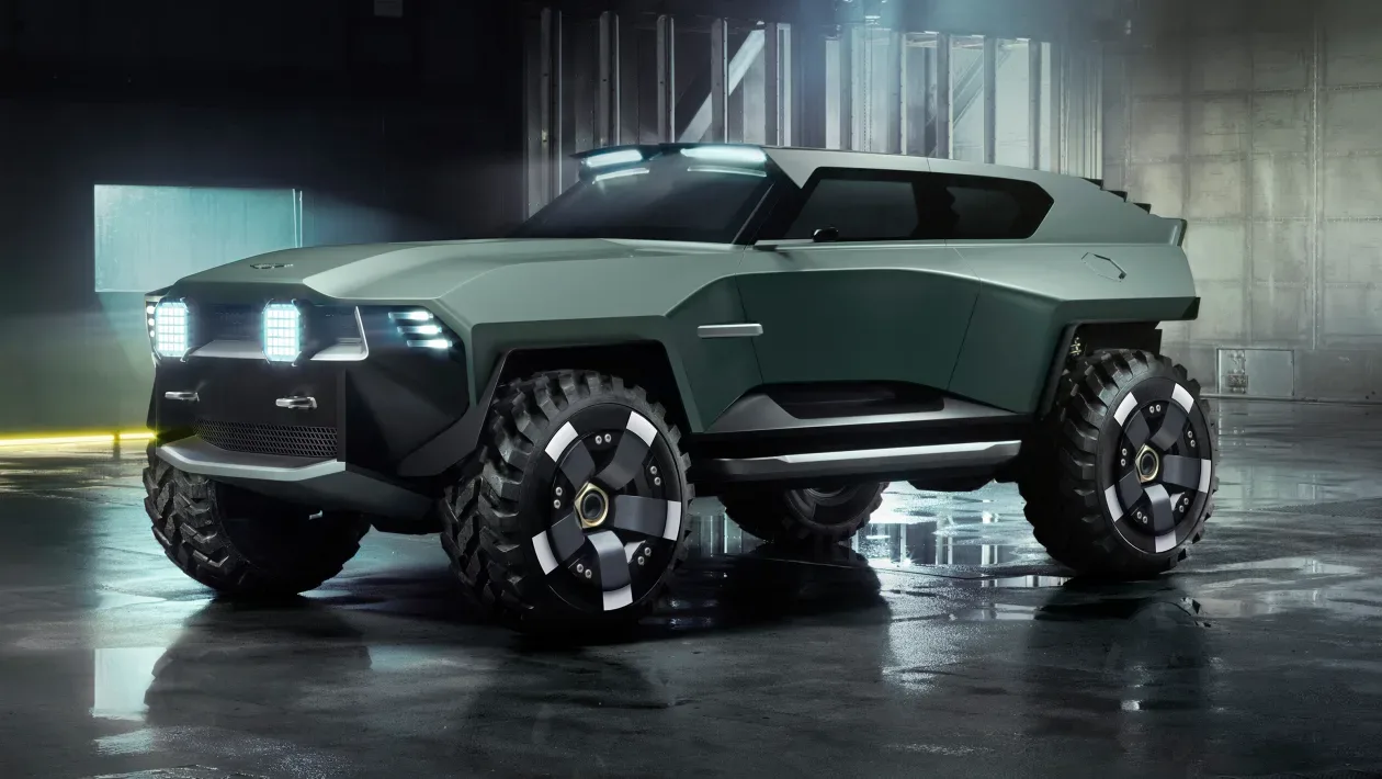 Un vehicul militar virtual cu design futurist și caracteristici off-road.