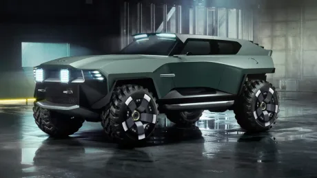 Un vehicul militar virtual cu design futurist și caracteristici off-road.