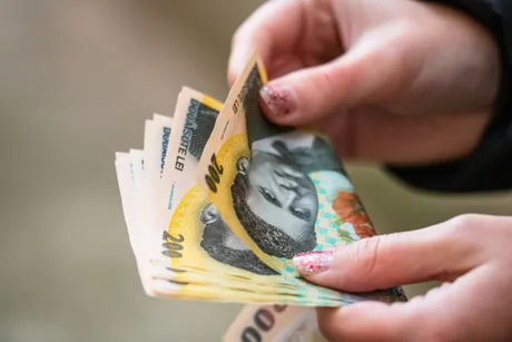 O persoană numără bancnote de lei românești, evidențiind veniturile reale.