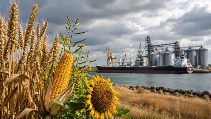 Cereale și flori de soare lângă un port, cu nave în fundal.