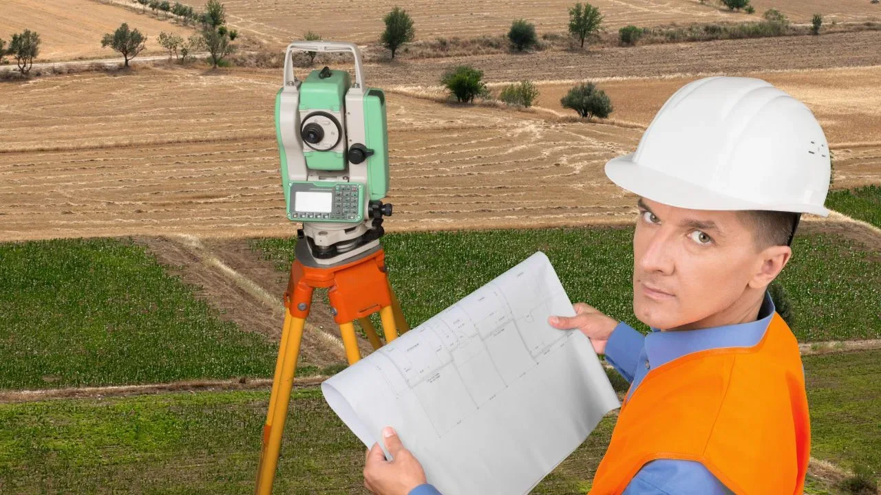 Specialist cu echipament de măsurare pe câmp agricol.