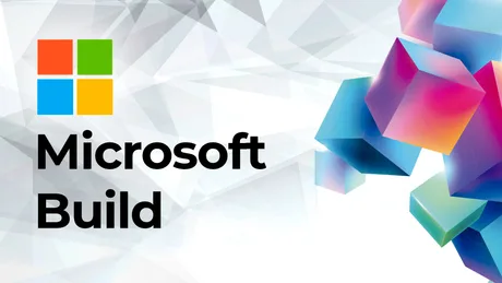 Logo Microsoft Build cu forme geometrice colorate pe fundal deschis.