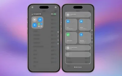 Interfața Control Center pe un iPhone cu opțiuni de conectivitate și setări de volum.