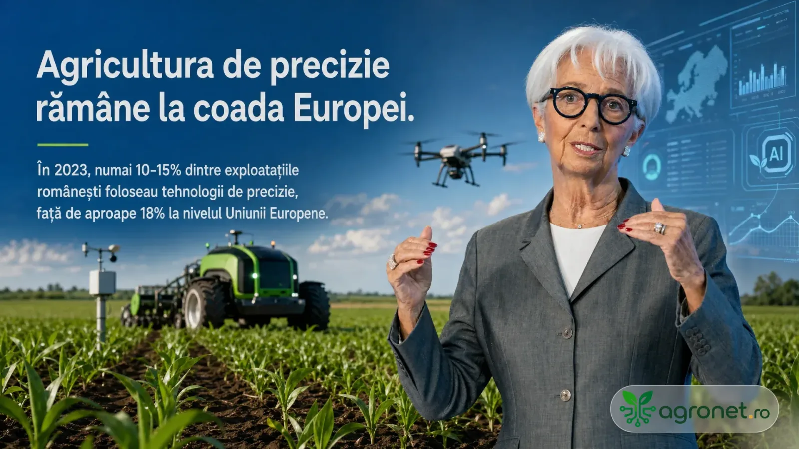O femeie discută despre agricultura de precizie în România, cu un tractor și un dron în fundal.