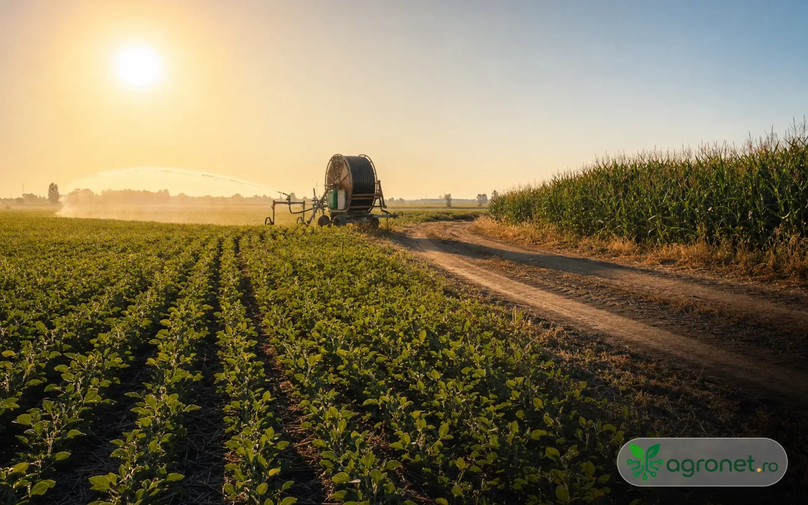 Câmp agricol în lumina dimineții, cu plante verzi și soare strălucitor.
