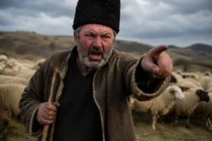 Un cioban supărat îndrumă oile pe câmp, în fața unui peisaj montan.