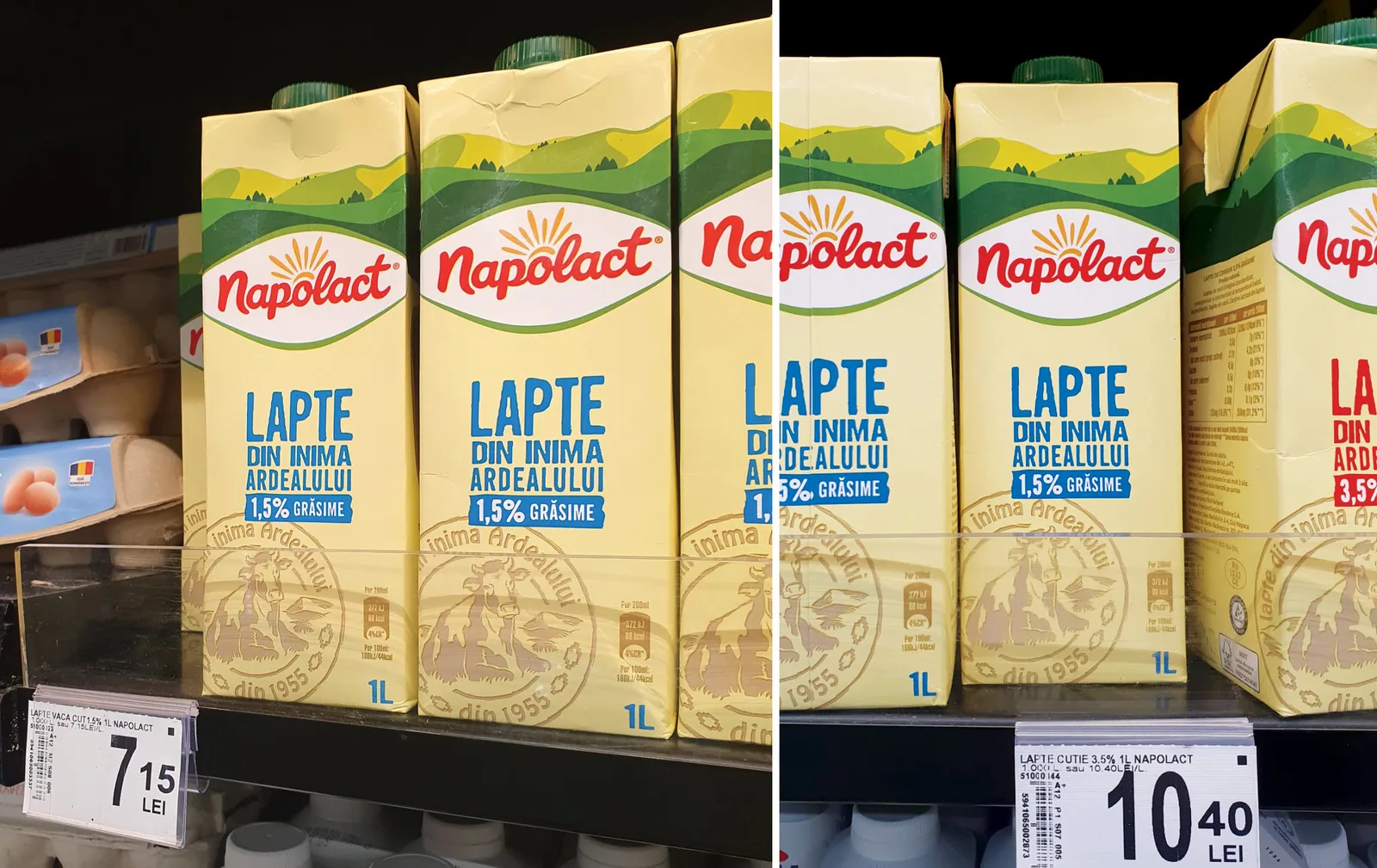Ambalaje de lapte Napolact expuse pe rafturi într-un magazin.