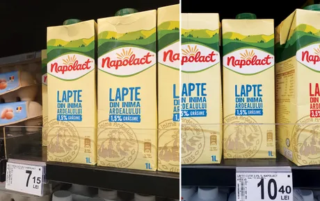 Ambalaje de lapte Napolact expuse pe rafturi într-un magazin.