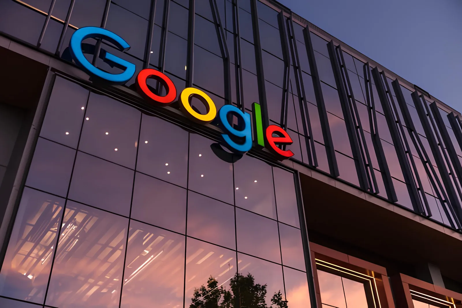 Sediul Google cu logo colorat pe fațada clădirii la apus.
