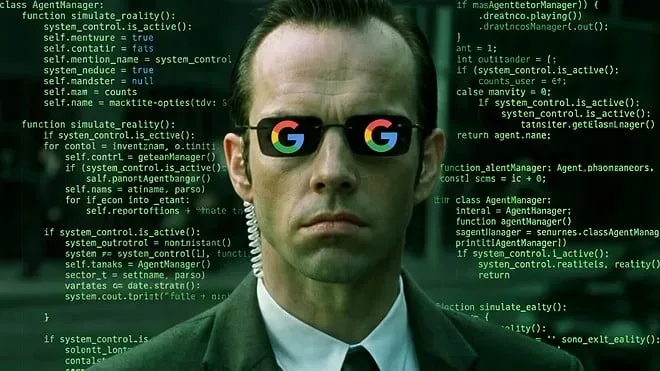 Un bărbat cu ochelari negri și logo Google, înconjurat de coduri de programare.