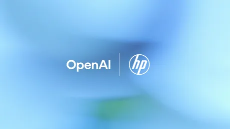Logo OpenAI și HP pe un fundal abstract, simbolizând parteneriatul tehnologic.