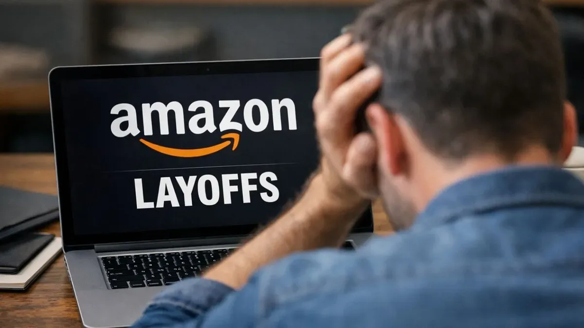 Un angajat îngrijorat privind anunțul concedierilor Amazon pe laptop.