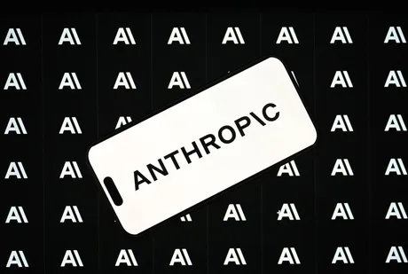 Logo-ul Anthropic pe un fundal cu simboluri AI.