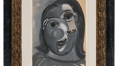 Lucrarea Tête de Femme de Picasso, expusă într-un cadru elegant.