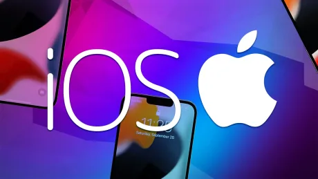 Logo iOS și simbol Apple pe fundal colorat.