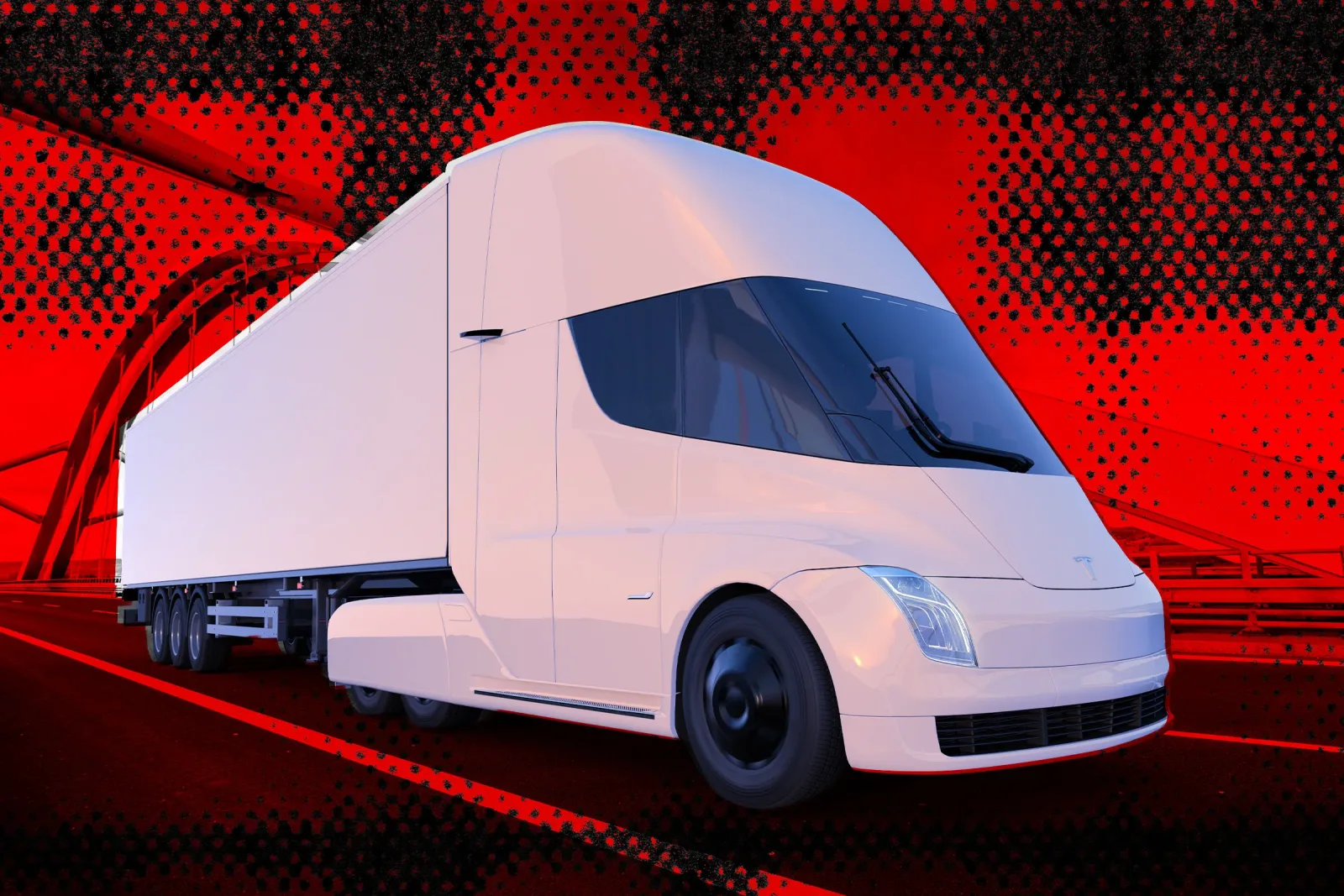 Camion electric Tesla Semi pe un drum, în fundal un peisaj urban.