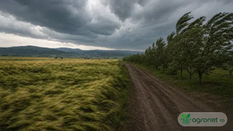 Peisaj agricol afectat de vânt și caniculă, cu nori întunecați în fundal.