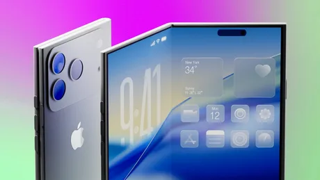 Concept al unui iPhone pliabil cu ecran neted și fără cută vizibilă.