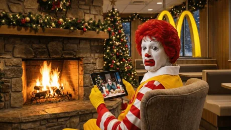 Ronald McDonald stând lângă un șemineu, ținând o tabletă în mână.