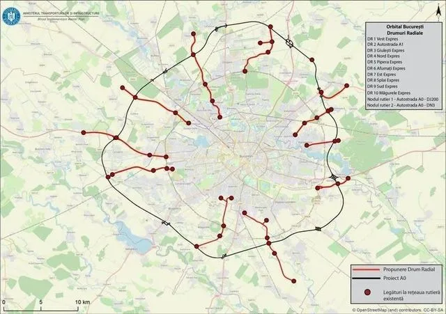 Harta drumurilor radiale din București, evidențiind traseele planificate.