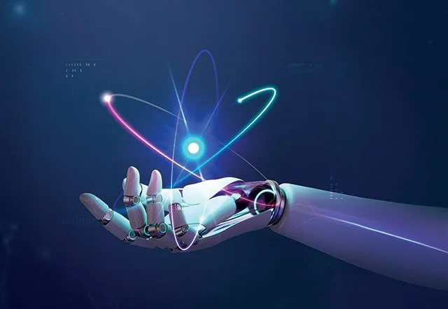 Braț robotic cu elemente de inteligență artificială și energie vizualizată.