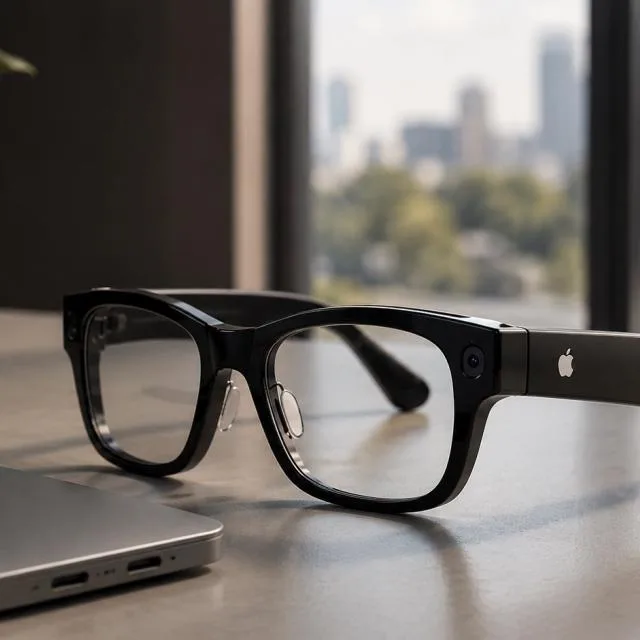 Ochelari inteligenți Apple cu design modern și cameră integrată.