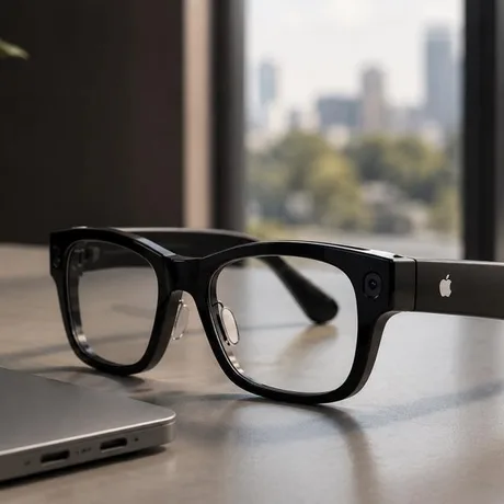 Ochelari inteligenți Apple cu design modern și cameră integrată.