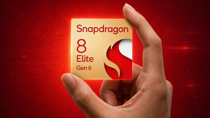 Cip Snapdragon 8 Elite Gen 6 prezentat pe un fundal roșu vibrant.